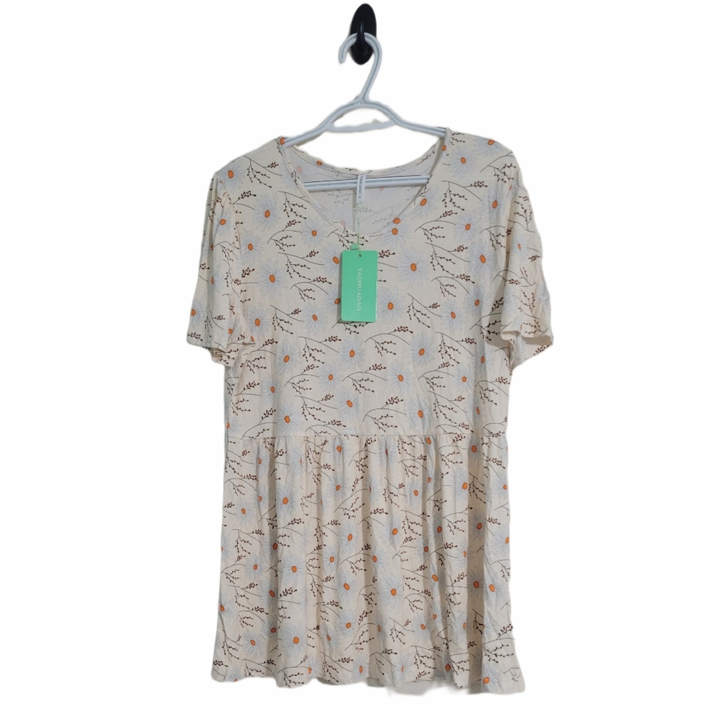 Taohuadao Women's Floral Blouse XL Cream Short Sleeve V Neck